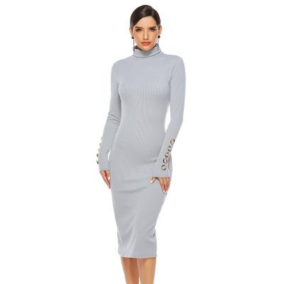 China Spring 2022 Breathable New Plus Size 5XL Turtle Neck Bodycon Midi Solid Knitted Sweater Dress Long Sleeve Casual Split Dress for sale