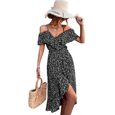 China OEM Factory Floral Print Ruffle Dress Women Summer Irregular Bohemian Dresses Anti-wrinkle Sexy Mid Long Off Shoulder Bohemian Dresses for sale