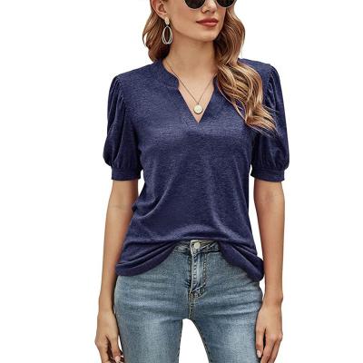 China OEM Factory Design Women Anti-Wrinkle New Sleeve Casual Short Summer T-shirt Solid Color V-Neck Fashion Tops for sale