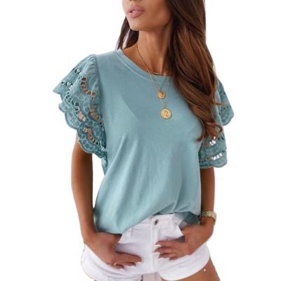 China Breathable batwing sleeve women full casual summer 2022 lace up patchwork short solid fashion sleeve tops girls slim clothes for sale