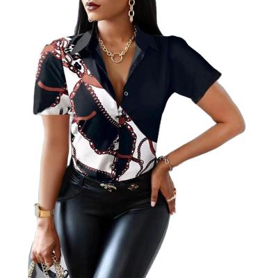 China Summer Breathable Clothes Casual Turn-Down Collar Button Printed Short Blouse Slim Loose Women Blouses And Shirts for sale