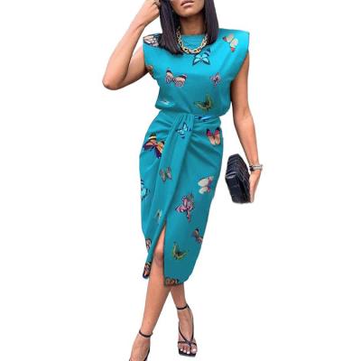 China 2021summer Hots Breathable casual sexy print sleeveless slim two-piece set dress sets for women office suits for sale