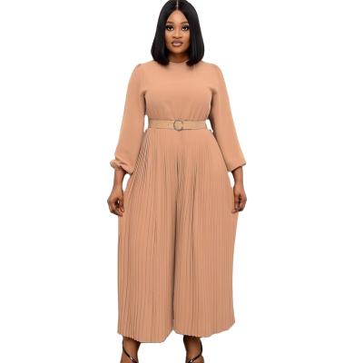 China 2021 Spring Breathable Summer New Plus Size Overalls Women Office Lady Solid Long Sleeve Sashes O Neck Pleated Fashion Casual Maxi Dress for sale