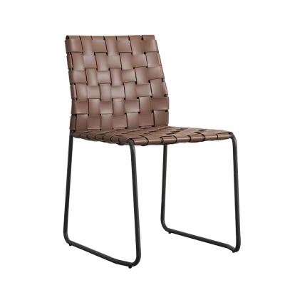 China Saddle Leather Metal Base Minimalist Nordic Home Living Room Woven Dining Chair for sale