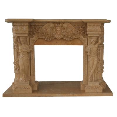 China Roman Yellow Limestone Marble Fireplace Mantels, Carved Fireplace and Fireplace Surround for sale