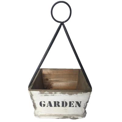 China Light Geometric Wooden Succulent Pots Simulation Flowerpot Hanging Pots With Iron Handle for sale