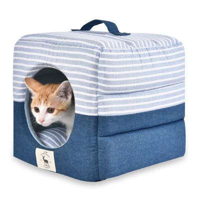 China Wholesale Viable 3 Ways Use Jean Fabric Pet Bed Portable And Folding Pet House With Soft Cushion Cat Cube Bed for sale