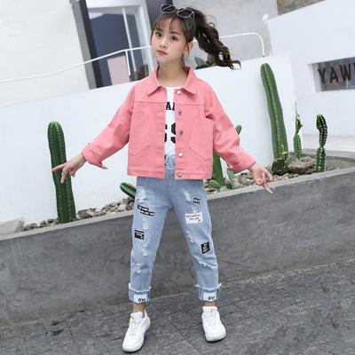 China 2021 Autumn Casual Ride Springs Down Collar Long Sleeves Head Printed Denim Ripped Pants Letter Print T-shirt 3 Pcs Girls Leisure Sets for sale