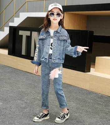 China 2021 Spring Fall Turn Casual Collar Down Dropped Shoulder Letter Sequin Animal Jacket Elastic Waist Pants 2 Pcs Girls Denim Sets for sale