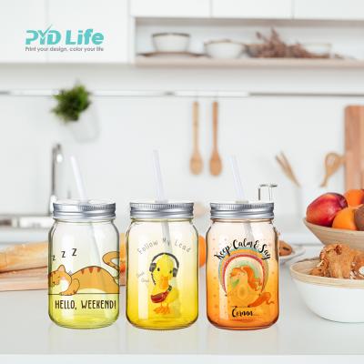 China Viable Life Wholesale PYD Gradient Clear Color 15oz 450ml Custom Sublimation Mason Jar Glass With Lid And Straw for sale