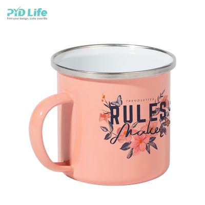 China Newest PYD Viable Life RTS Color 12oz 350ml Coral Red Bulk Coffee Mug Steel Enamel Mugs Simple Camping Wholesale for sale