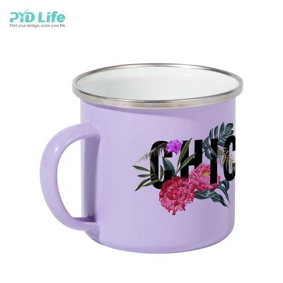 China Newest PYD Vivid Life Color RTS Purple Sublimation White 12 oz Christmas Enamel Camping Mug Custom Sublimation Logo Enamel Mugs for sale