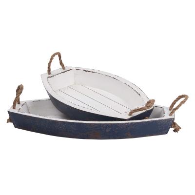 China Contemporary Rustic Wood Serving Tray with Handle, Decorative Farmhouse Tray, Table, Kitchen, Boat Shaped Serving Tray Two Piece Set for sale