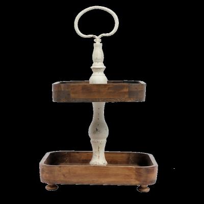 China Traditional Rustic Farmhouse Wood Decor Stand Two Tray Wood Metal Handle Serving Tiered Tray Cake Stand for sale