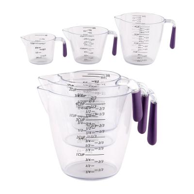 China Homesmart Sustainable Cake Tools 3 Pcs Clear Plastic Measuring Cup Set With Purple Rubber Soft Handle 1 2 3 Cups For Baking Measuring for sale