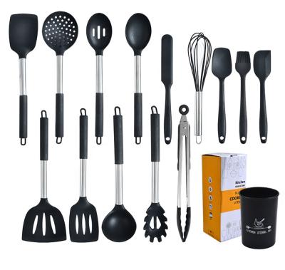 China Durable Handle Silicone Kitchenware Set With Storage Bucket Kitchen Cooking Tool Kit Stainless Steel Hot Selling Utensils 15 Pieces Black for sale