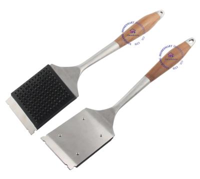 China Promotional Easily Cleaned Stainless Steel Barbecue Grill Easily Cleaning Brush With Wooden Handle Cleaning Steel Wire Brush for sale