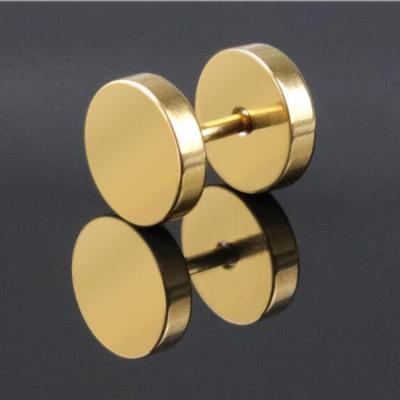 China Hiphop Men's Barbell Earring Mirror Polished Stainless Steel Dumbbell Hip Hop Around Pie Earrings for sale