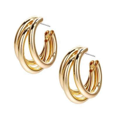 China Hiphop Fashion 24K Gold Plated Statement Clip On Earring Triple Around Tube Hoop Medium Open Earrings for sale