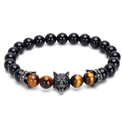 China New 8mm Tiger Eye Stone Black Agate Vintage Copper Crown Hand String Men Wolf Couples Bracelet for sale