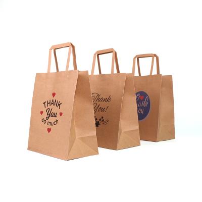 China Recyclable Custom Printed Eco Brown Paper Shopping Packaging Gift Take Out Bag Cafe Food Wrapping Paper Bag With Handle for sale