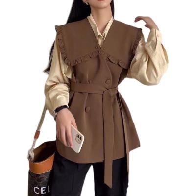 China Breathable French Style Doll Collar Women Suit Vest Jacket Female Outwear Retro Sleeveless Vest Coat With Belt for sale