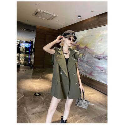 China RTS Spring Autumn Ladies Sleeveless Waistcoat Pocket Breathable Army Green Invest Casual Loose Women's Outer Suit Vest for sale