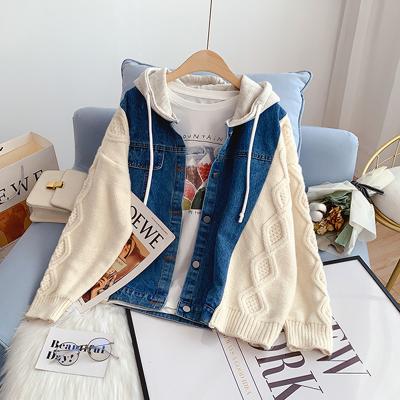 China Breathable Denim Splice Cardigan Sweater Jacket Wholesale Women Loose Hooded Denim Coat for sale