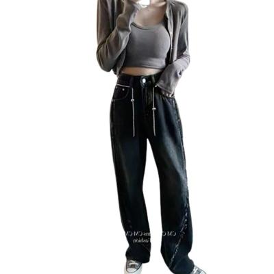 China Y2k Streetwear QUICK DRY Women Friends Chain Jeans Distressed Straight High Waist Denim Loose Wide Leg Pants Jeans for sale