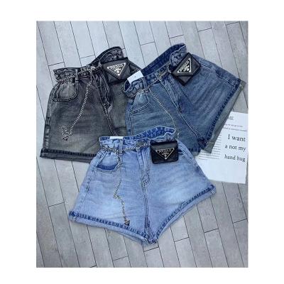 China Gradient Color QUICK DRY Rolled Denim Shorts High Elastic Loose Wide Leg Denim Womens Waist Chain Wrap Shorts for sale