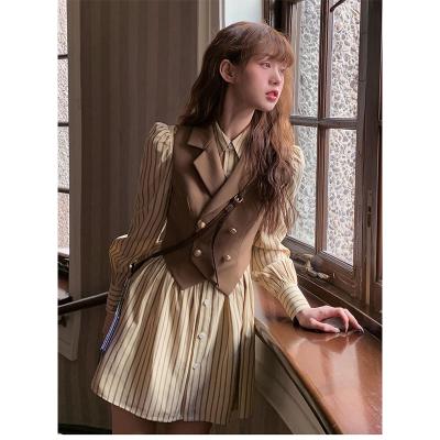 China Preppy Style College Anti-Static Casual Women Invest Suit Sets Student Girl Mini Skirt Sets Girls Stripe Dress Suit 2pc for sale