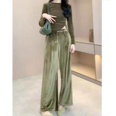 China Wholesale QUICK DRY Solid Velvet Women 2 Piece Set Crop Top+ Irregular Split High Waist Wide Leg Pants Casual Outfit for sale