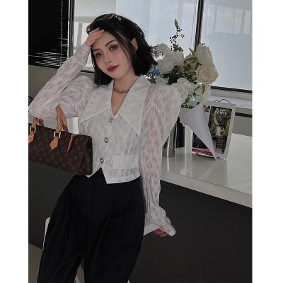 China Elegant Office Anti-pilling Lace Flower Blouses Shirt Lady Women Sexy Transparent Mesh Blouses Long Sleeve White for sale