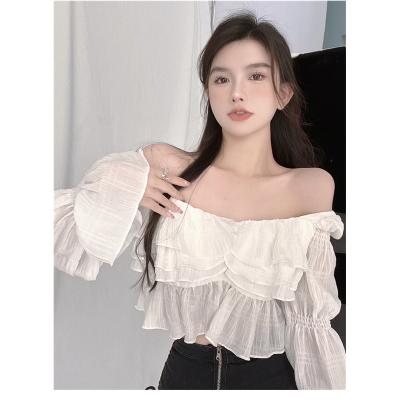 China Women Anti-pilling Off-Shoulder Women Blouse Club Party Long Sleeve Shirt Ruffle Sexy White Tunic Crop Top Tube Top for sale