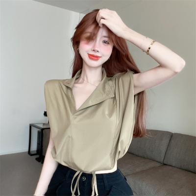 China Lady Tops Drawstring Waist Stand Collar Summer Anti-pilling Sleeveless Blouse Korean Elegant Casual Pure Color Women for sale