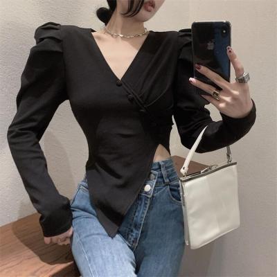 China Lantern Waist Slit Crowd Blouse Bodycon Anti-pilling Women Top Thin T-shirt Long Sleeve Wholesale Irregular Women for sale