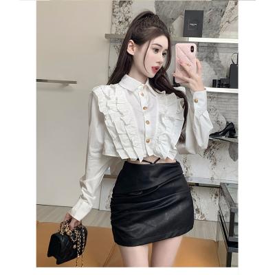 China High quality chic lotus leaf fashion anti-pilling short shirts French ruffle long sleeve women crop top shirts for sale