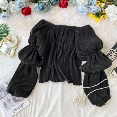 China Anti-pilling French women fashion bubble sleeves pullover pleated shirts off the shoulder floppy crops tops blouse for sale