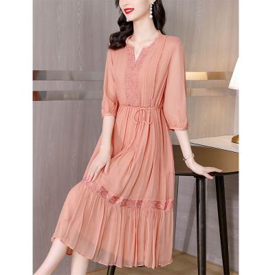 China Wholesale M-4XL Pregnancy Jacquard Summer Ladies Dress Women High Waist Anti-static Silk Casual Solid Chiffon Female Vestido Dress for sale