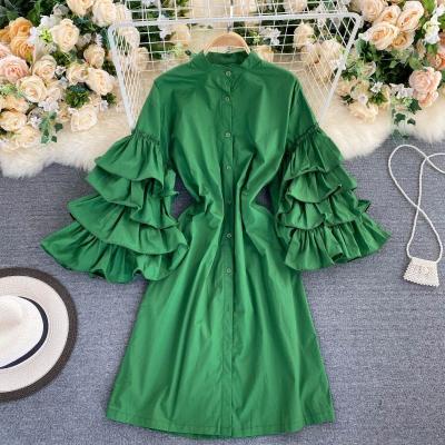 China Anti-static European style ruffle chic multilayer bubble sleeves loose women shirt dress wholesale for sale