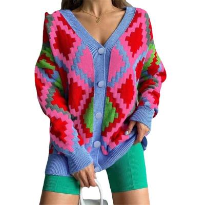 China Anti-wrinkle Autumn Winter Women Cardigan Warm Knitted Sweater Jacket Geometric Patterns Fashion Knit Lady Loose Cardigans Coat Sweaters for sale