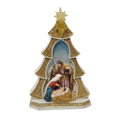 China Europe Top Grace 11 Inch Religious Resin Statue With Led Light Holy Family Figurines Christmas Decoration for sale