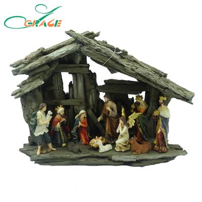 China Around the World Lightweight Resin Christmas Nativity Set Figurines in Wooden House for sale