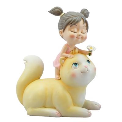 China Worldwide Grace Polyresin Cute Girl Standing Upper in Yellow Cat Figurine, Kids Gift, INS Home Decor, Baby Shower for sale