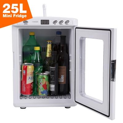 China Multifunctional DC AC Fridge Refrigerator Led Lightweight Portable Transparent Glass Door No Noise 25L DC12V Cute Cooler And Warmer Box Mini Fridge for sale