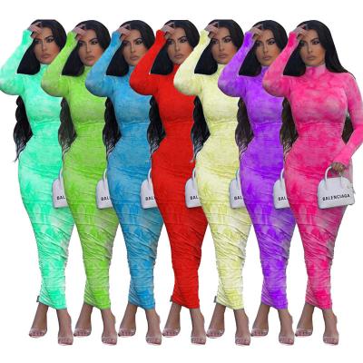 China 2021 Fashion Wholesale Anti-Static Colorful Long Fitness Dress Ruched Slimming Bodycon Dress Ribbed Club Tie Dye Dresses for sale