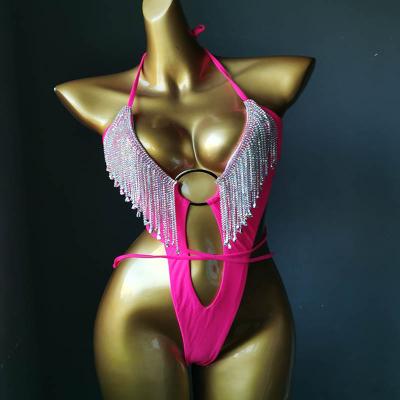 China Exotic Designer Swimsuit Women One Piece Swimwear 2022 Popular Hollow Design Tassel Rhinestone Women's QUICK DRY Swimwear for sale