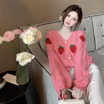 China Breathable Droma 2022 Autumn Winter Embroidery Women Cardigan Knitted Strawberry Sweater Fashion Knit Cardigan Coat Lady Loose Sweater for sale