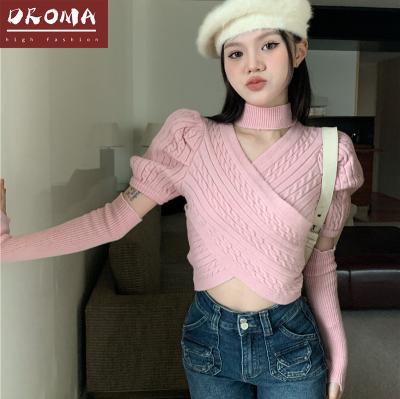 China Breathable Droma high fashion sexy solid color puff sleeves women's girls stylish knitted pullover lovely sweater christmas for sale