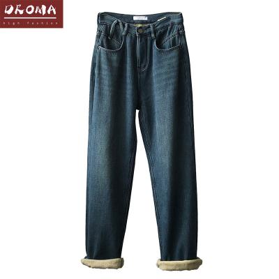 China Breathable Droma winter new high waist wide leg thin straight plush warm plus size ladies jeans pants for sale